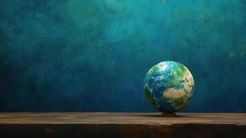 Earth globe on wooden table against blue wall concept of earth day, earth day concept, earth day photo