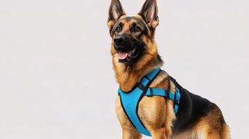A german shepherd dog wearing a blue harness photo