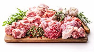Raw meat on a cutting board with herbs and spices photo