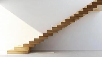 A staircase in a white room with a wooden tread photo