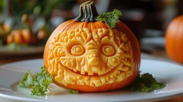 A carved pumpkin sitting on a plate with leaves photo