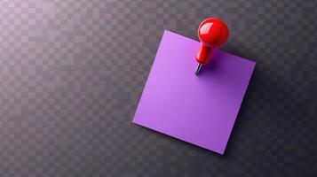 A red push pin on a purple paper sheet photo