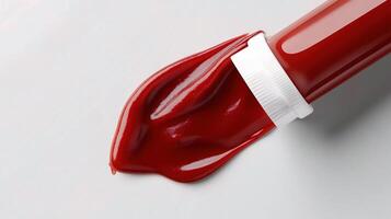 A tube of ketchup is being poured into a glass photo