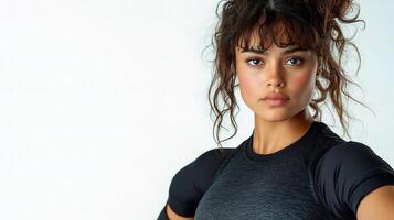 A woman with a messy bun and a black top photo