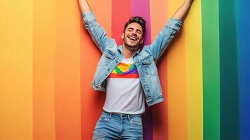 A man is standing in front of a rainbow colored wall photo