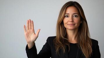 A woman in a business suit is making a stop sign photo