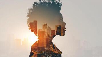 Double exposure of a woman with a cityscape in the background photo