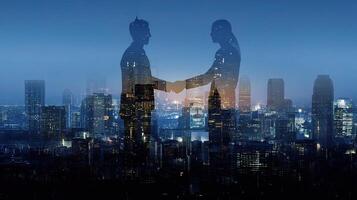 Two people shaking hands in front of a city skyline photo