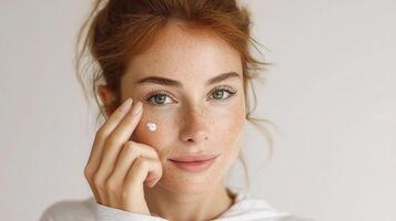 A woman with freckles on her face is holding a cream to her eye photo