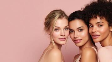 Three women posing for a photo on a pink background