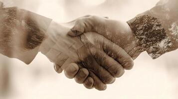 Two people shaking hands in front of a blurry background photo