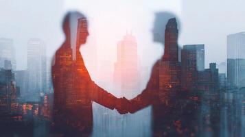 Two people shaking hands in front of a cityscape photo