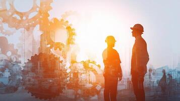 Two men in hard hats standing in front of a city skyline photo