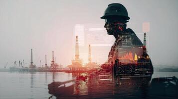 Double exposure of oil rig worker with digital image of oil refinery photo