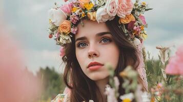 Beautiful girl with flower crown in field photo