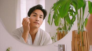 A man in a bathrobe is looking at his face in the mirror photo