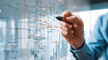 A man is drawing on a whiteboard with a marker photo