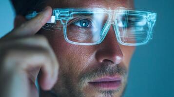 A man wearing glasses with a futuristic design photo