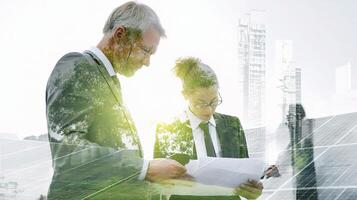 Two people in business attire looking at a document photo
