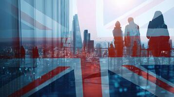 Uk and european union flag business people in front of city skyline with union jack flag background photo