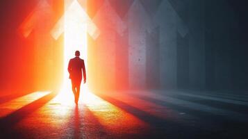 A man walking into an arrow light photo