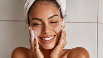 A woman is smiling while using a facial scrub photo