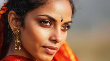 A beautiful indian woman wearing a red sari photo