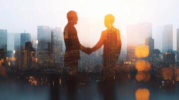 Two people holding hands in front of a cityscape photo