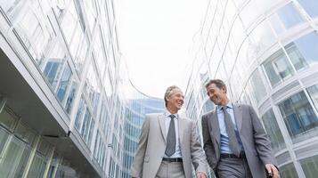 Two business men walking in front of a building photo