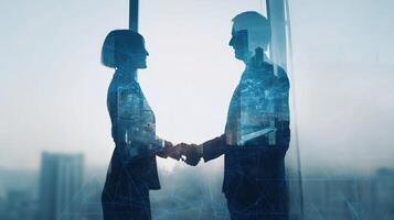 Two people shaking hands in front of a window photo