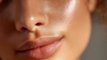 A close up of a woman's face with a shiny skin photo