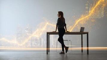 A woman sitting at a desk with a laptop and a city skyline behind her photo
