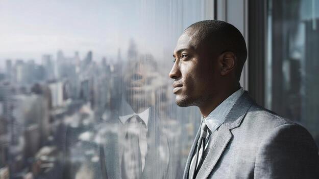 A man in a suit looking out a window photo