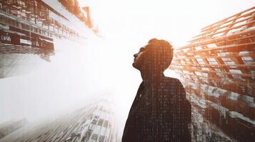 A man standing in front of a cityscape with a cityscape in the background photo
