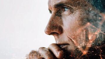 A man looking at the city with his hand on his chin photo