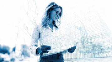 A woman holding a blueprint in front of a building photo
