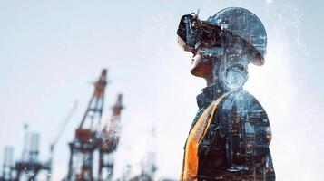 A man in a hard hat and safety vest standing in front of a construction site photo