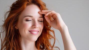A woman with red hair touching her face photo