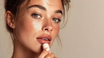A woman with freckles on her face is holding a toothbrush photo