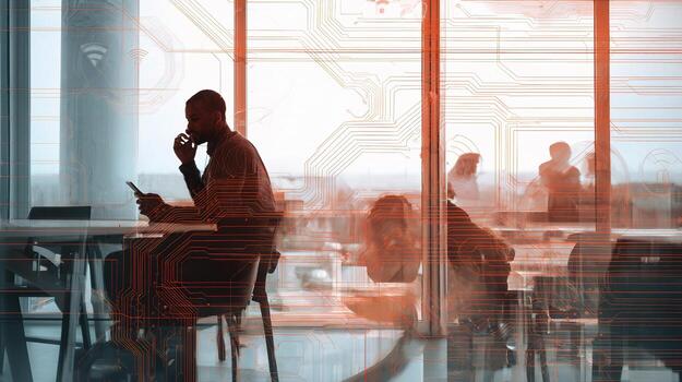 A man sitting at a table with a laptop and a phone photo