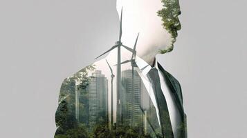 A man in a suit and tie is standing in front of a wind turbine photo