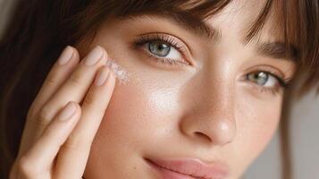 A woman with a white face and eyes is applying a cream to her face photo