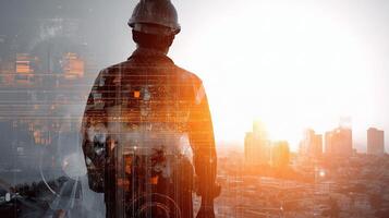 A man in a hard hat standing in front of a city photo