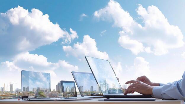 A man is using his laptop on a table with several other laptops photo