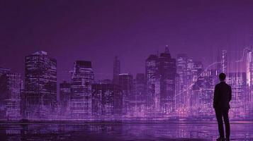 A man standing in front of a cityscape with purple lights photo