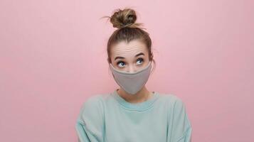 A woman wearing a face mask on a pink background photo