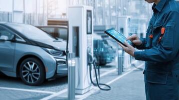 A man in blue uniform is using a tablet to check the car's charging photo