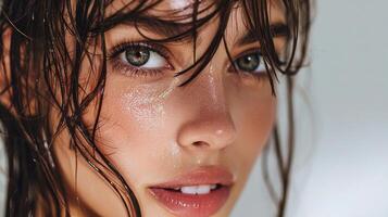A woman with wet hair and a wet face photo