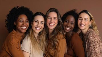 Five women smiling and posing together photo