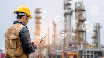 Man in hard hat and safety glasses using tablet in front of oil refinery photo